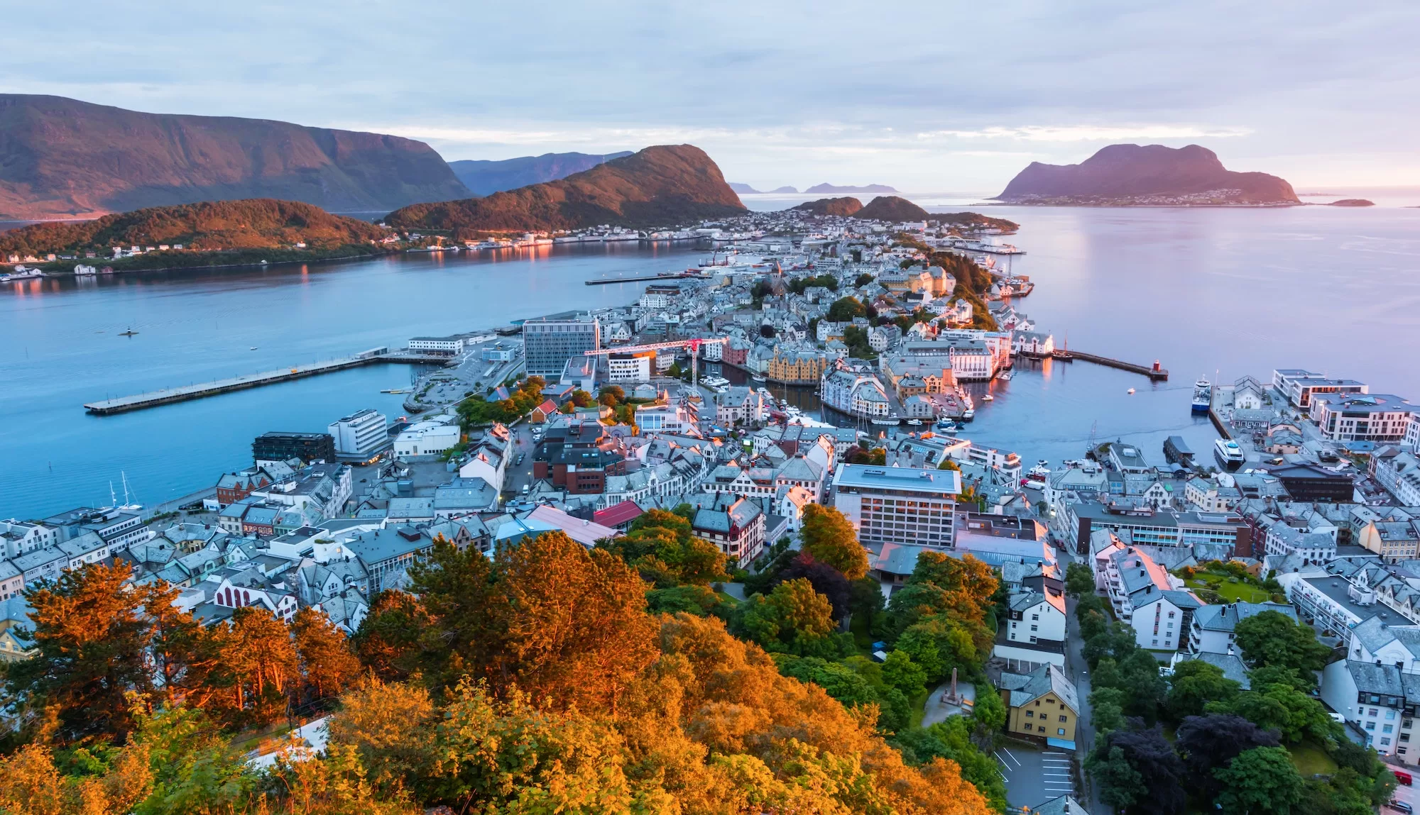 Colorful sunset in Alesund port town